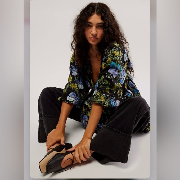 Free People Black Floral Babydoll Mini Dress Balloon Sleeves Flowy Size Small - Picture 8 of 10